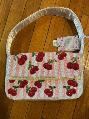 Cherry Beaded Shoulder Bag 🍒 | Pink & White Striped | Statement Bag